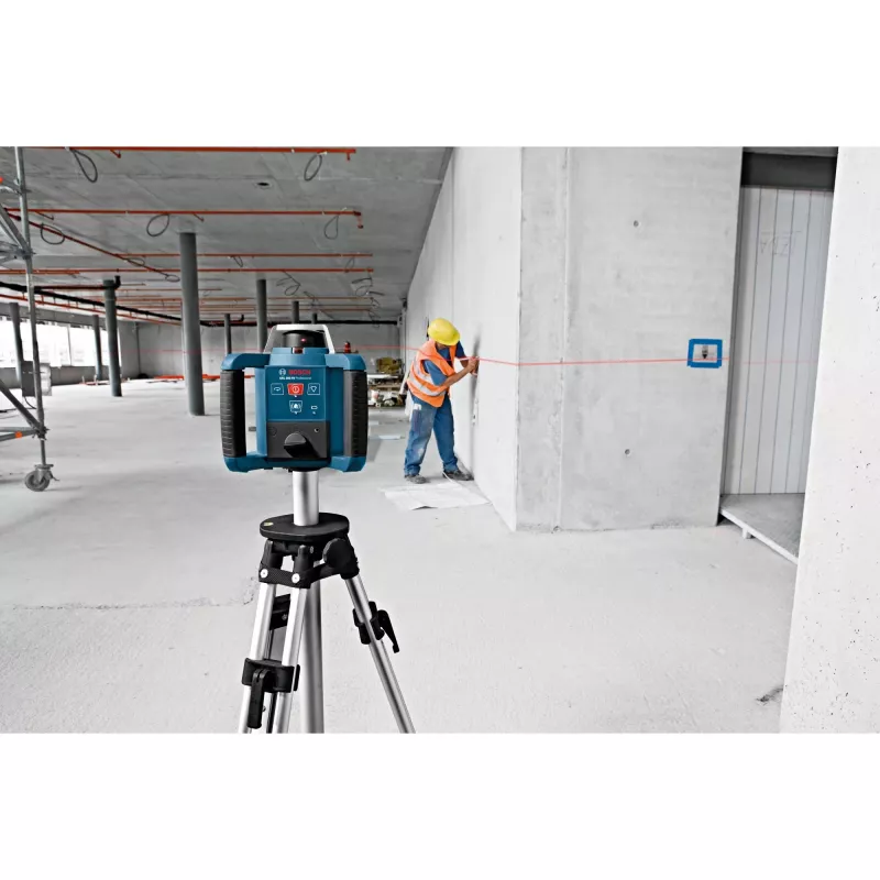 Laser rotativo GRL 300 HV Professional azul/preto, linha laser vermelha e ponto de prumo, com suporte WM 4 e recetor laser LR 1, em mala