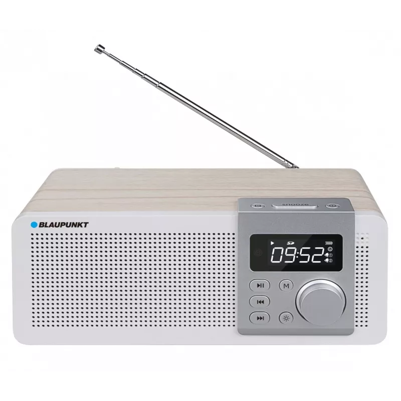 Rádio portátil BLAUPUNKT PP14BT com Bluetooth, MP3, MicroSD, USB e despertador — 6 W, pilha/fonte de alimentação, 230×118×90 mm