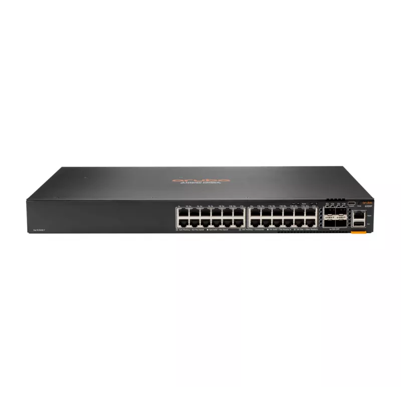 HPE - Série Aruba - Aruba 6300F - Switch - L3 - gerido - 24 x 10/100/1000 + 4 x 1 Gigabit / 10 Gigabit / 25 Gigabit / 50 Gigabit SFP56 (Uplink / Stacking) Frente e lado para trás