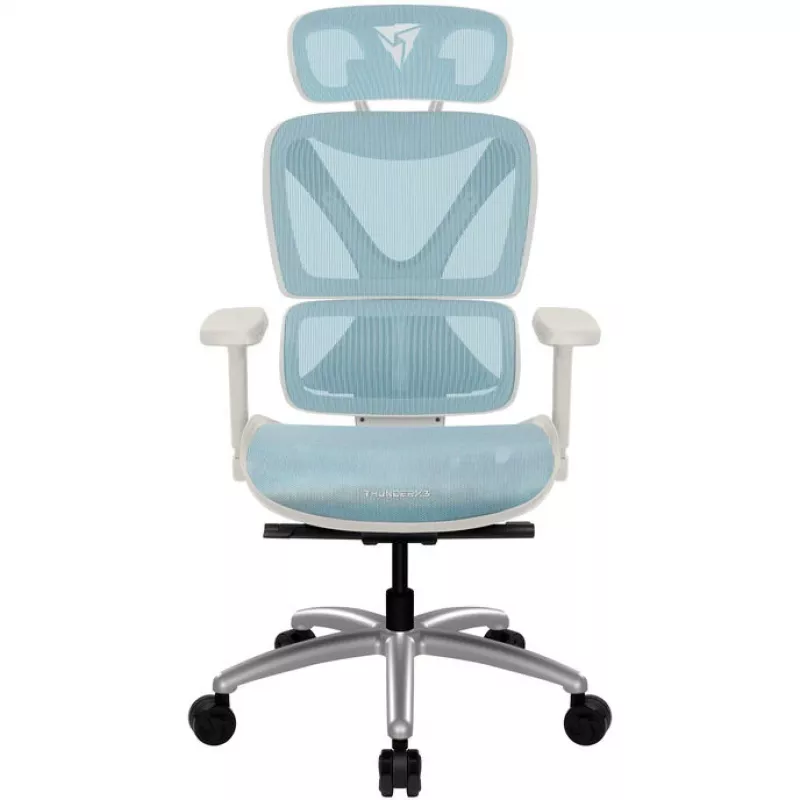 Cadeira de escritório ergonómica thunder x3 TEGC-3073102.B1 — estofamento branco e azul, braços ajustáveis, encosto alto