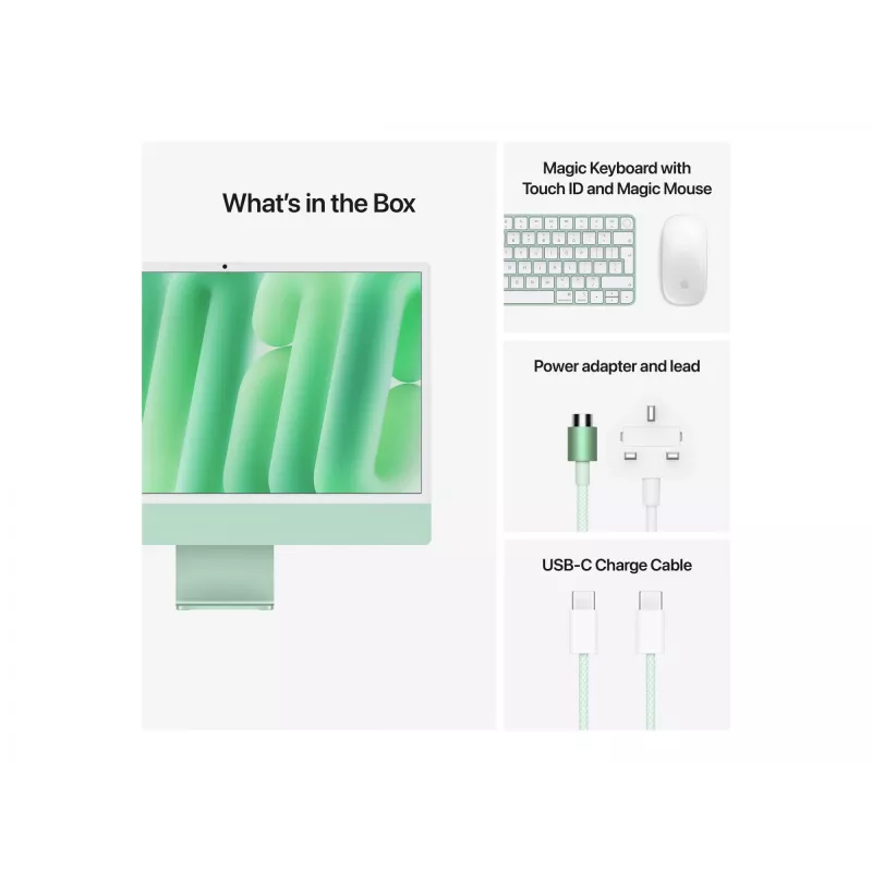 iMac 24 Ecrã Retina 4.5k M4, Verde, M4 (10-CPU/10-GPU), 24 GB, 512 GB, Vidro padrão, Touch ID, Alemão, Gigabit Ethernet, Magic Mouse, MD2Q4D/A