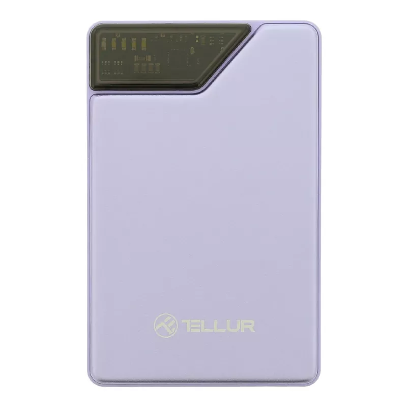 Powerbank portátil Tellur TLL158441, 10000 mAh, cabos USB-C e Lightning integrados, violeta