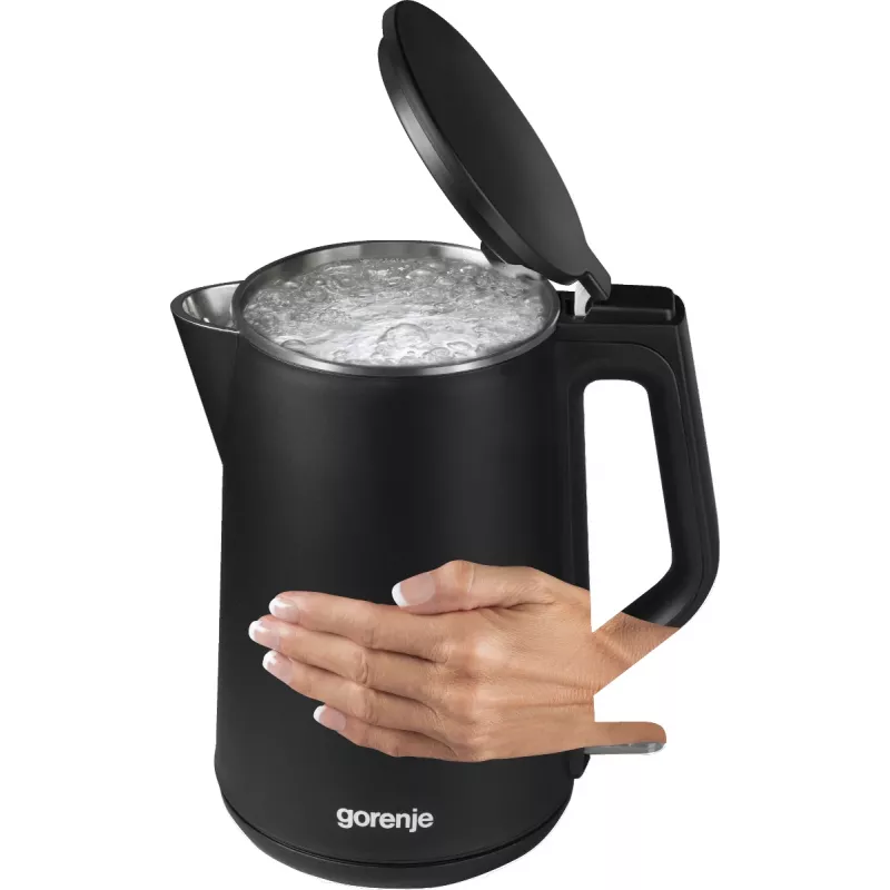 Chaleira elétrica Gorenje K15DWBK – 1,5 L, 2200 W, preta, controlo por botões, base 360°