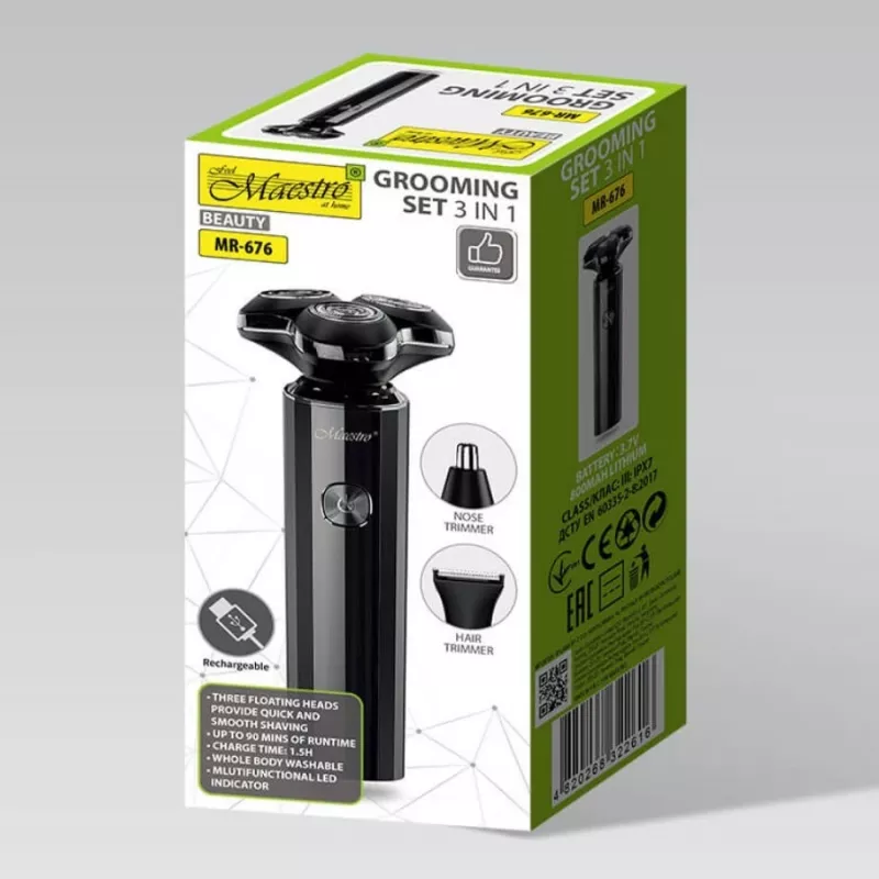 Conjunto de barbear Maestro MR-676 3-em-1 recarregável por USB design compacto