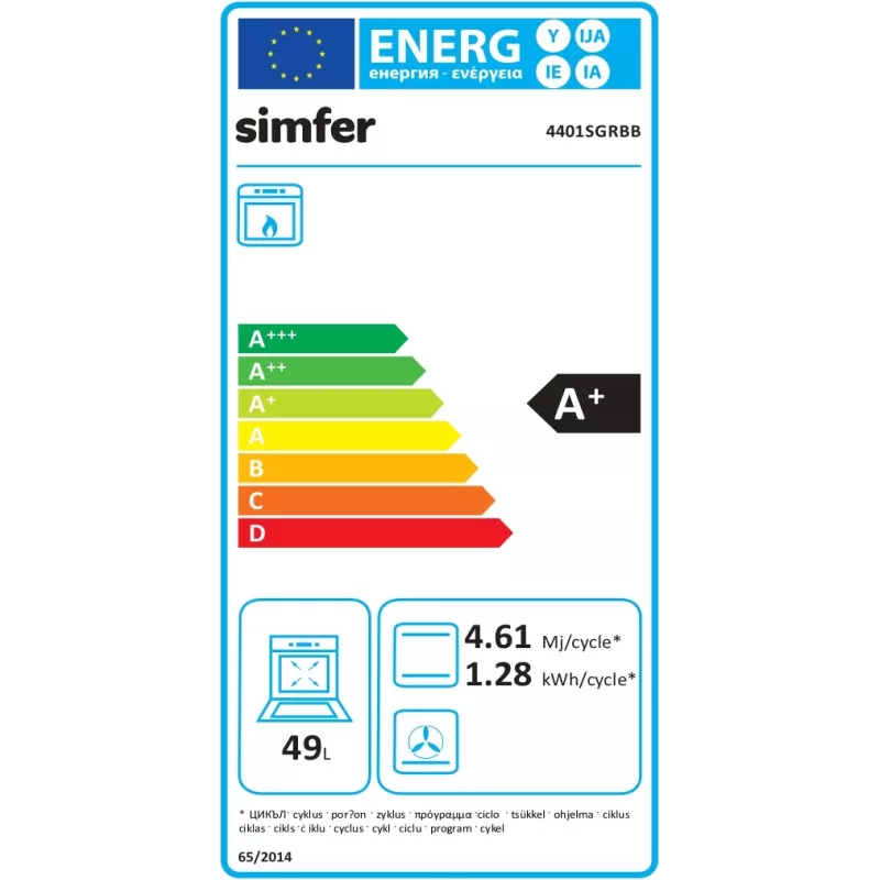 Fogão a gás SIMFER 4401SGRBB.1 com placa a gás e forno a gás, 50 cm de largura, 55 cm de profundidade, classe de eficiência energética A+