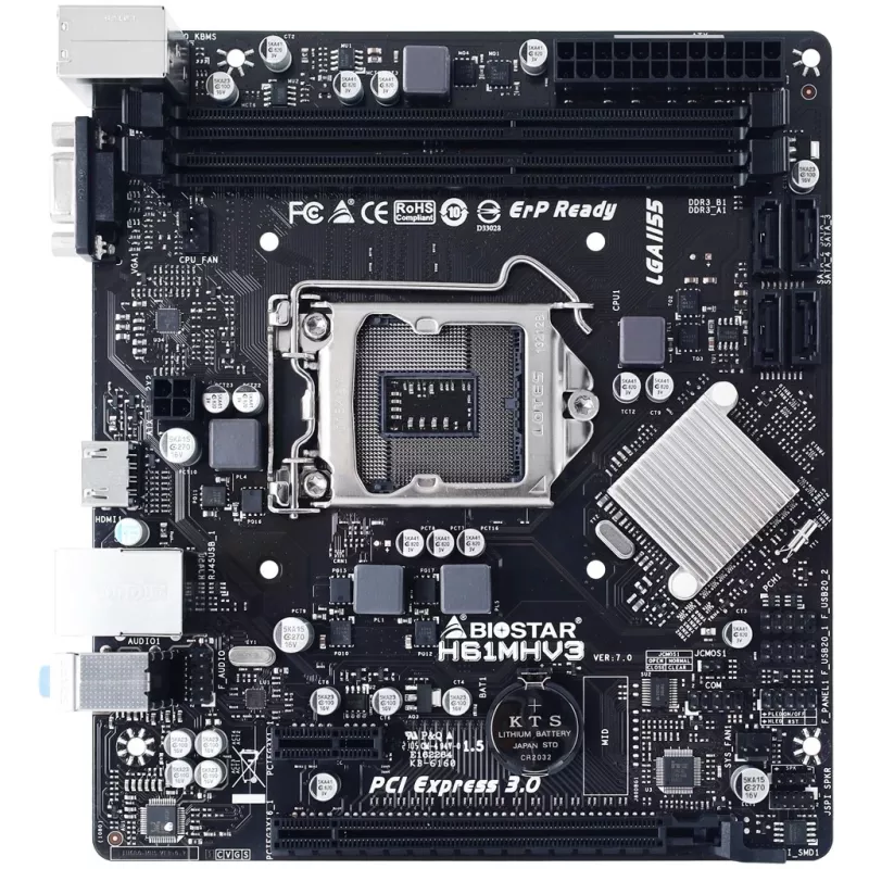 Motherboard BIOSTAR H61MHV3 micro ATX, chipset Intel H61, LGA 1155, DDR3, 2x DIMM, 4x SATA II, HDMI, VGA