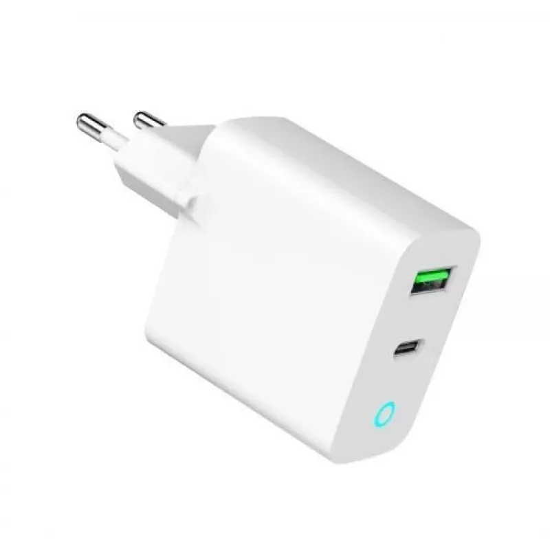 Carregador de rede 220V GEMBIRD, universal, 1x USB Type-C PD 20 W, 1x USB-A 3.0 QC 18 W, indicador LED, branco