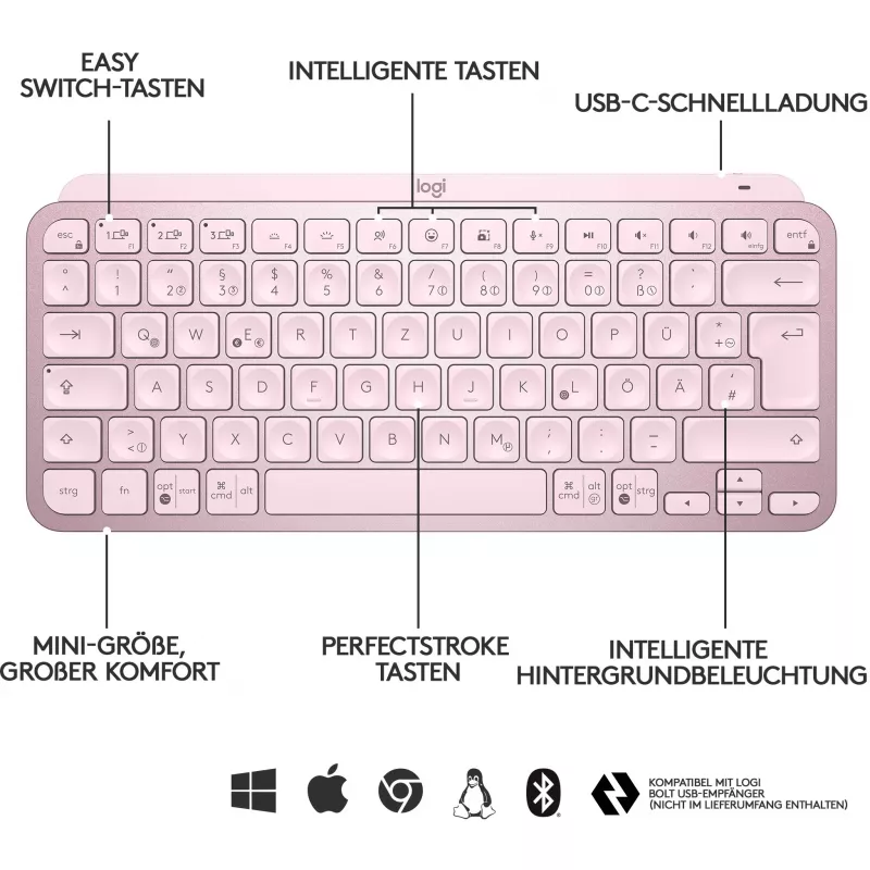 Teclado Logitech MX Keys Mini Minimalist Wireless Illuminated - ROSE - CENTRAL (DE)