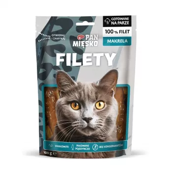 Petiscos húmidos para gatos Pan Miesko filetes de cavala Adult 100 g — filetes de peixe em porções, 25 % proteína, 70 % humidade