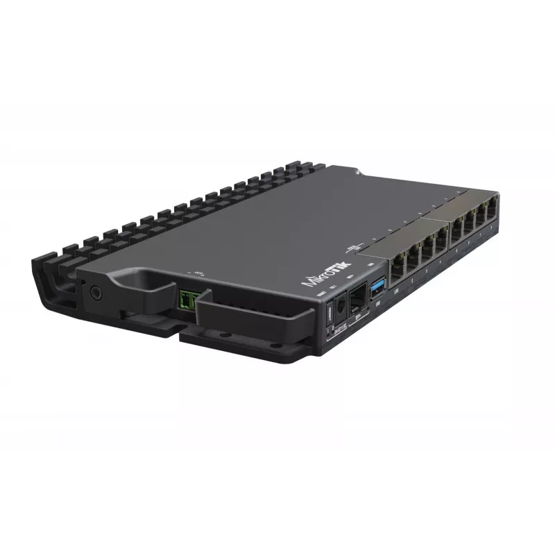 Router de cabo MikroTik RB5009UG+S+IN — 1x RJ-45, 7x Gigabit cobre, 1x SFP+, PoE, DC, interface 2,5GbE, preto