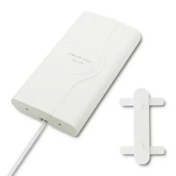 Antena omnidirecional QOLTEC 57013, 0,6–2,7 GHz, 30 dBi, polarização vertical, 50 Ω, caixa de ABS branca