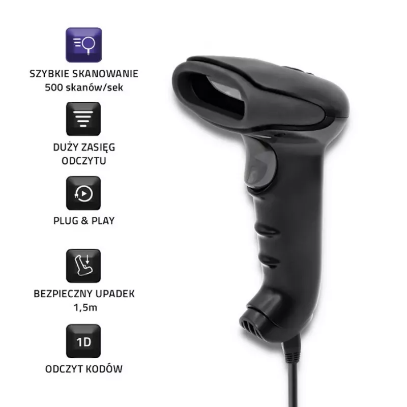 Leitor laser de códigos de barras 1D CCD Qoltec 50866, USB, preto