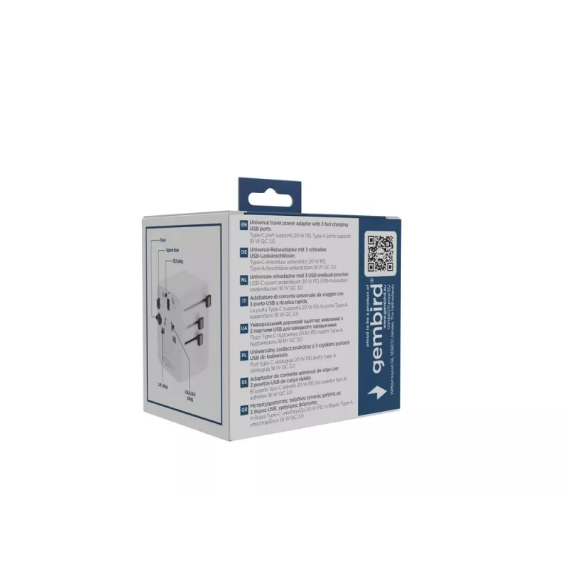 Fonte de alimentação de viagem GEMBIRD TPA-1A2C20-01-W — 20 W, USB-A (18 W) + 2× USB-C (20 W), ficha tipo E, branco