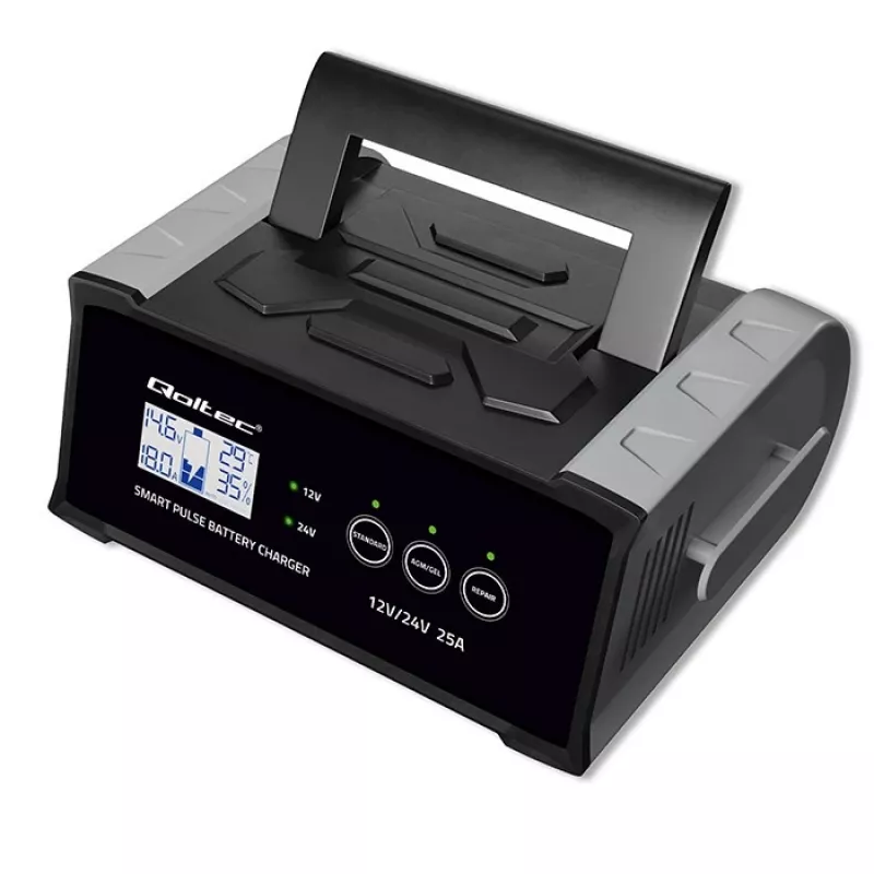 Carregador de bateria QOLTEC 52514 — 12V/24V, 25A, para baterias AGM/GEL/SLA com visor LCD