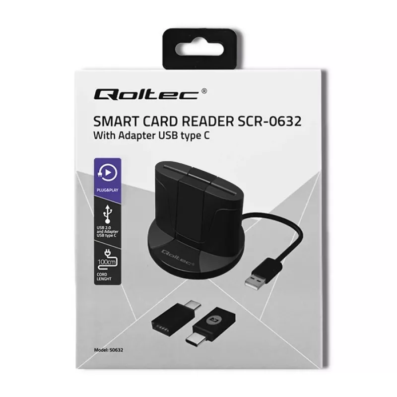 Leitor de cartões inteligentes Qoltec 50632 USB 2.0 preto cabo 1m