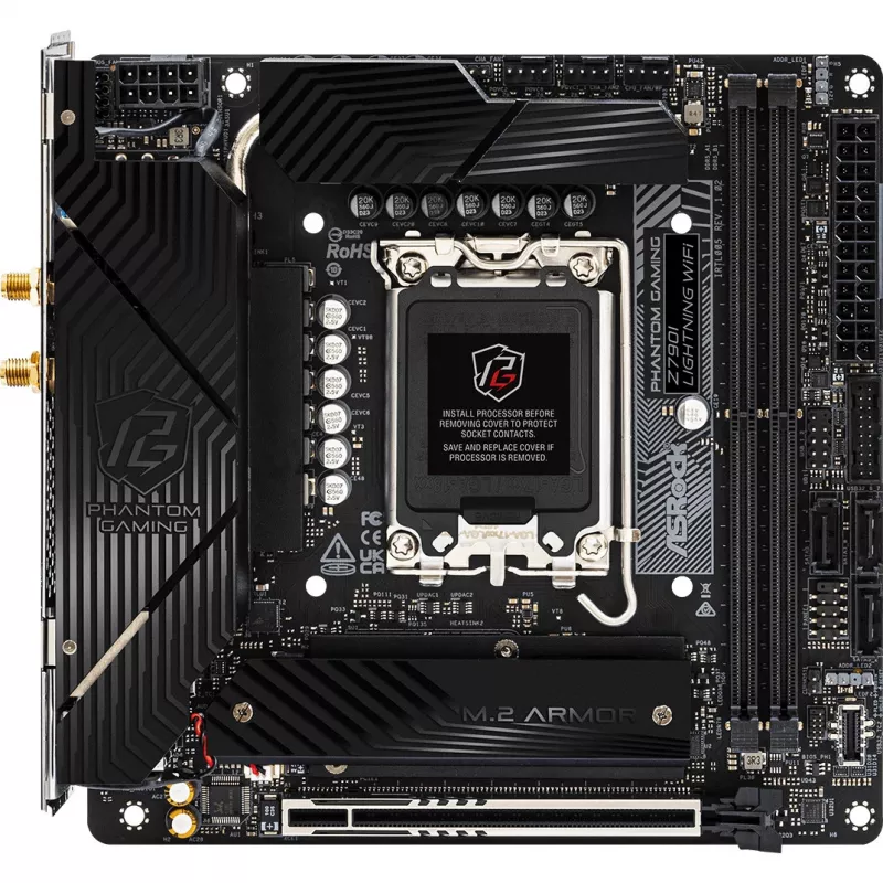 Placa-mãe ASRock Z790I LIGHTNING WIFI — Intel Z790, LGA 1700, Mini-ITX, DDR5 até 8600 MHz, 2x DIMM, Wi‑Fi 6E, 2.5Gb LAN, 2x M.2