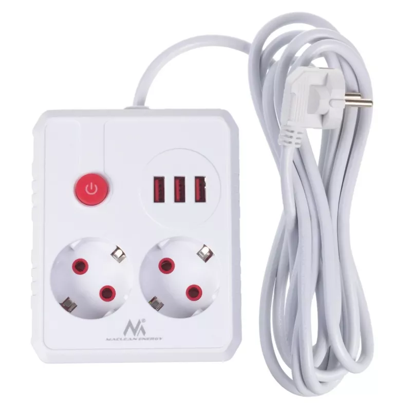 Extensão elétrica MACLEAN MCE388 W – 2 tomadas, 3×USB, 110–240V, 2500W, cabo de 3 m, branco