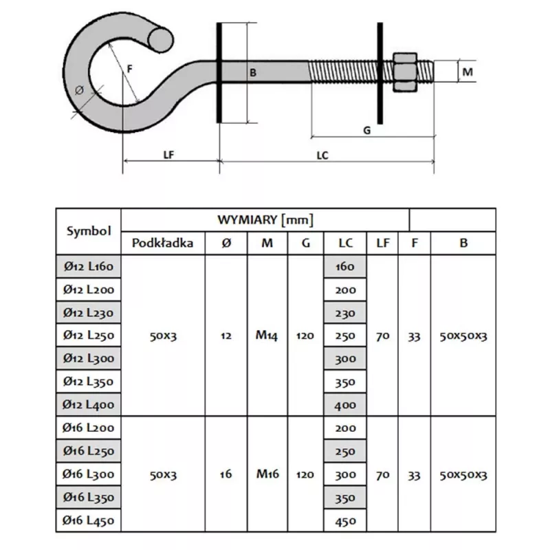 Parafuso de gancho Extralink para suporte de fixação 12/350 mm