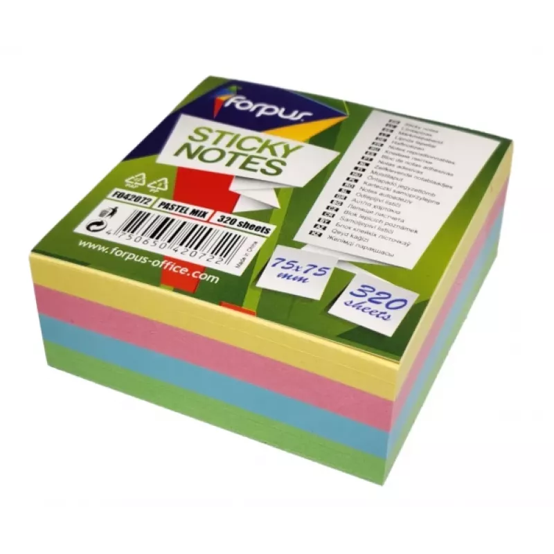 Notas adesivas Forpus, 75x75mm, mistura de 4 cores pastel, cubo (1x320)