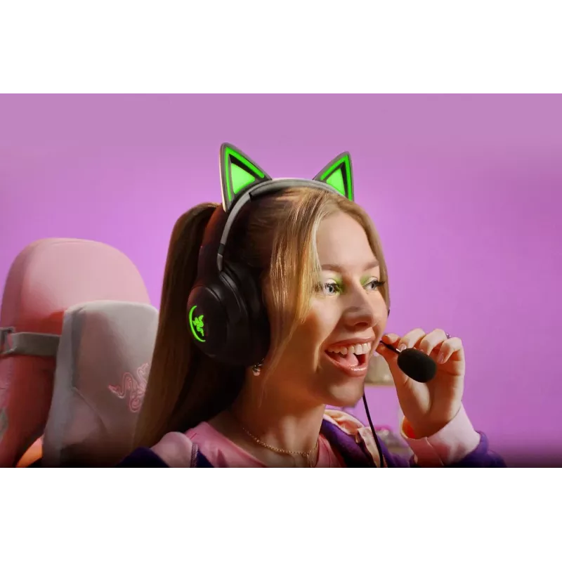 Kraken Kitty V2 - Preto, Auscultadores gaming, Orelhas de gato, Iluminação reativa a streams, Microfone cardioide HyperClear, Drivers TriForce de 40 mm, Microfone integrado nas almofadas, Razer Chroma RGB (orelhas e almofadas), Som surround: Disponível apenas em
