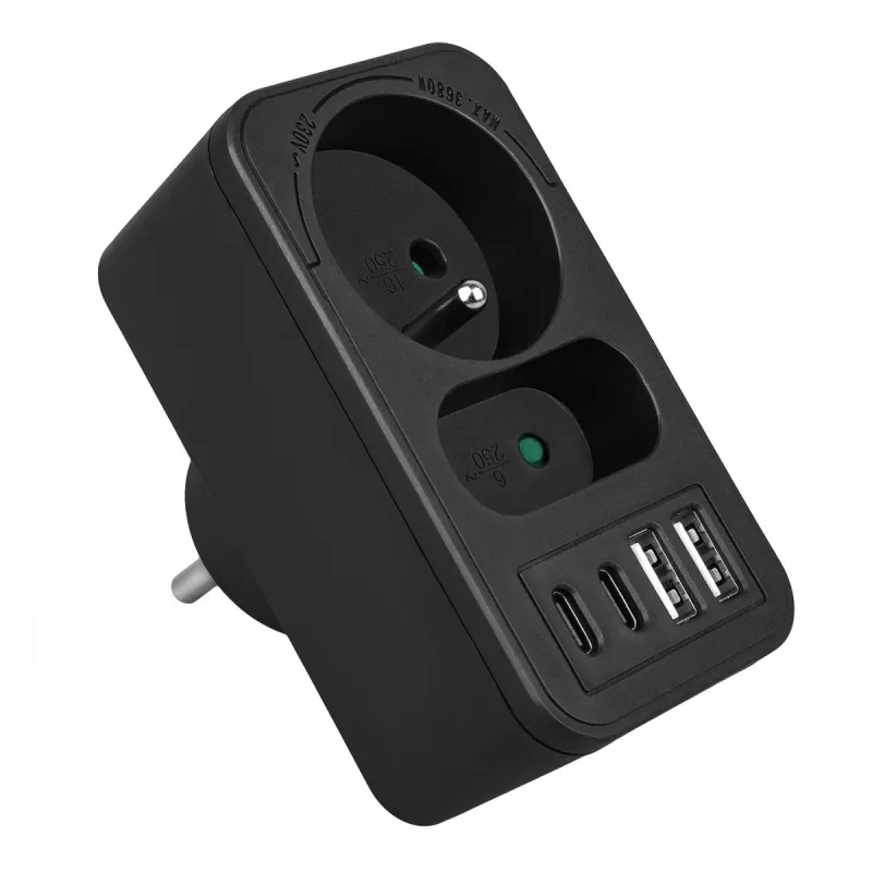 Power Splitter MACLEAN MCE249 F/B – 2 tomadas AC (16A + 6A) com 2×USB-A e 2×USB-C PD 20W, ficha EU, preto