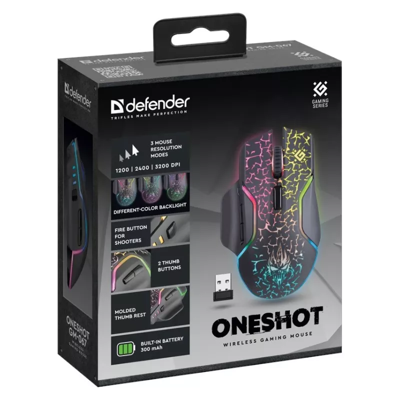 Rato Defender Oneshot GM-067 Gaming destro RF sem fios + USB Type