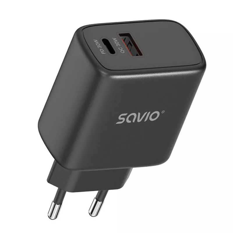 Carregador de parede SAVIO LA-06/B 30 W, USB-A + USB-C, Quick Charge, Power Delivery 3.0, preto