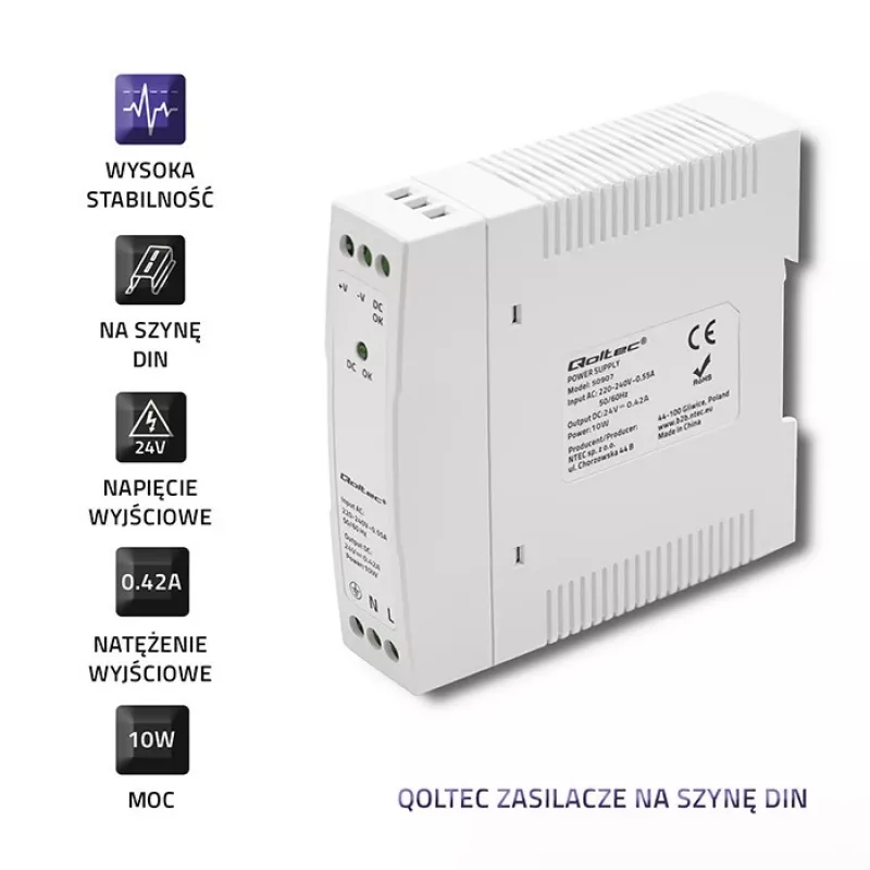 Fonte de alimentação para calha DIN 10W, 24V, 0,42A, slim