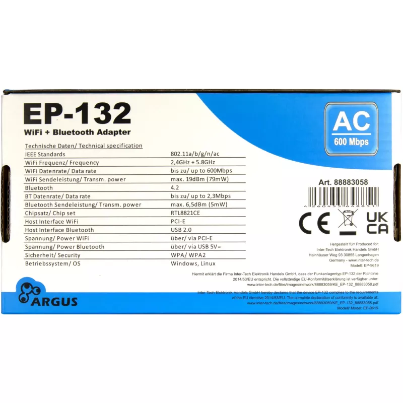 Adaptador de rede USB sem fios INTER-TECH Argus EP-132, USB 2.0, Wi-Fi 5 (até 600 Mbit/s)