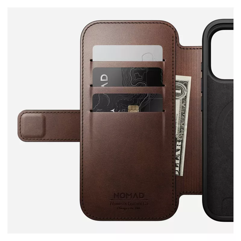 Capa para telemóvel Nomad Modern Leather Folio para iPhone 17 Pro, pele/alumínio, 16 cm (6,3 polegadas) castanha, 4 compartimentos para cartões
