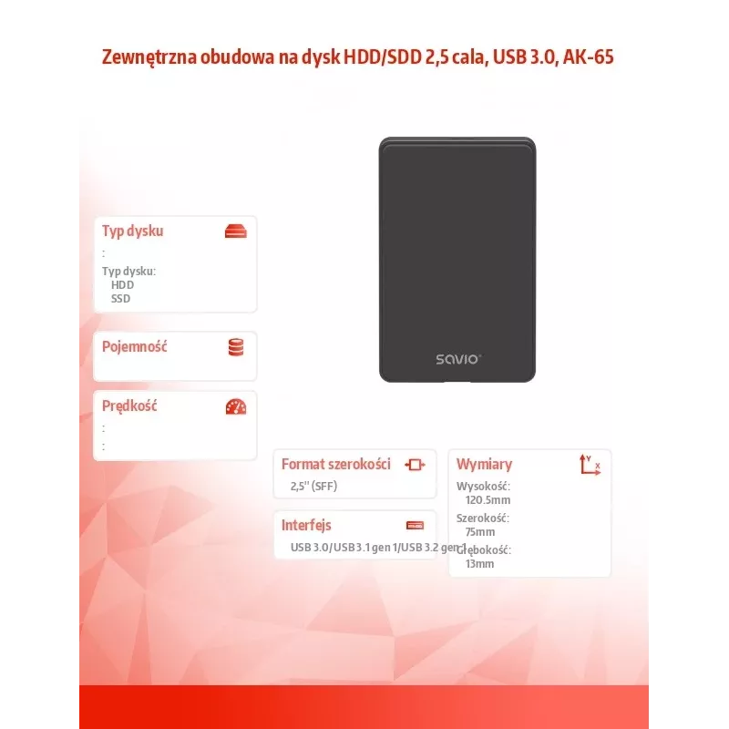 Caixa para disco rígido/SSD SAVIO AK-65 preto 2,5 polegadas SATA USB 3.0 5 Gbit/s Micro-USB