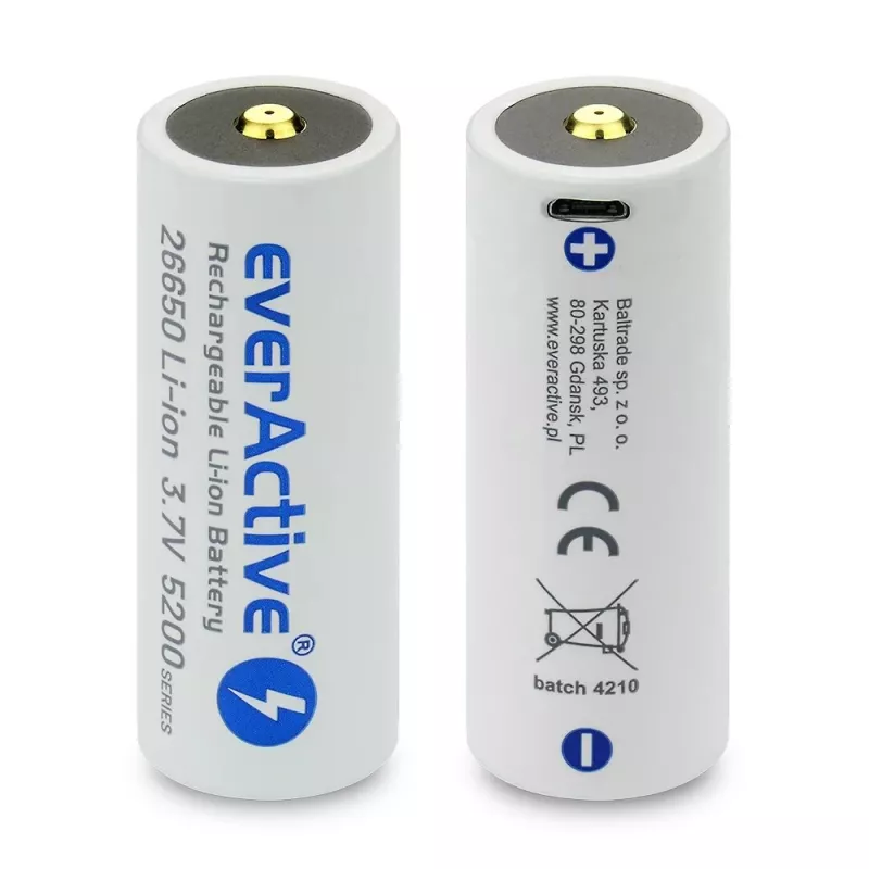 Bateria recarregável everActive EV26650-52M 3,7V 5200mAh com função de carregamento micro-USB