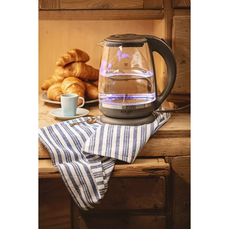 Adler | Chaleira | AD 1286 | Standard | 2200 W | 2 L | Plástico/Vidro | Base rotativa 360° | Cinzento/Transparente