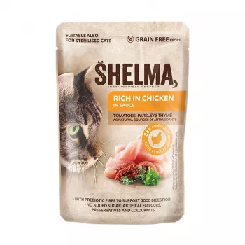 Alimento húmido para gatos SHELMA rico em frango em molho 85 g — alimento completo para gatos adultos, 10 % de proteína, 81 % de humidade