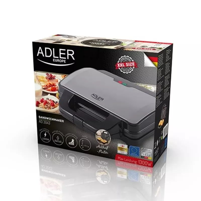 Sanduicheira Adler AD 3043, 1300 W, placas antiaderentes, 2 sanduíches, superfície de cozedura 285 × 152 mm, preta