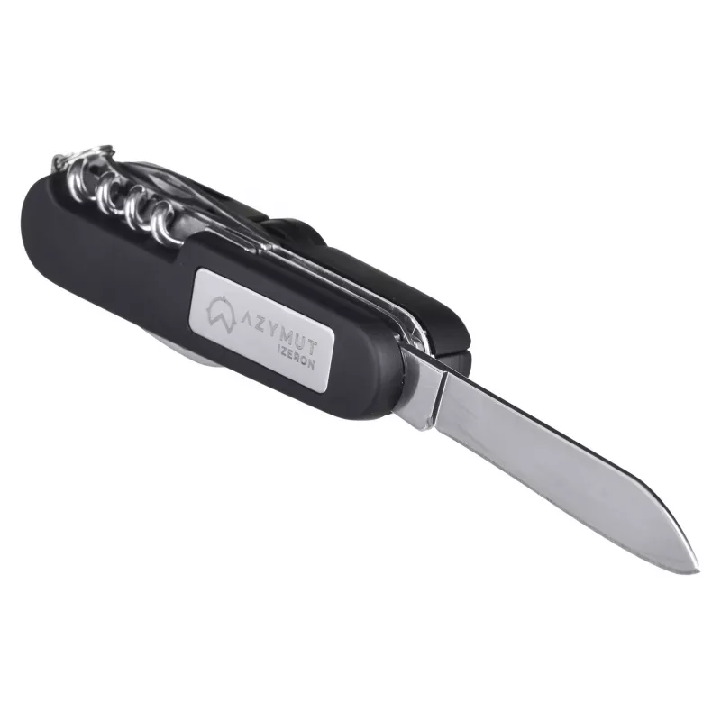 Faca de bolso AZYMUT Izeron multiferramenta — 13 ferramentas, aço inoxidável 420J2/3CR13, fechada 9 cm, 91 g, bolsa de couro para cinto, luz e bússola integradas