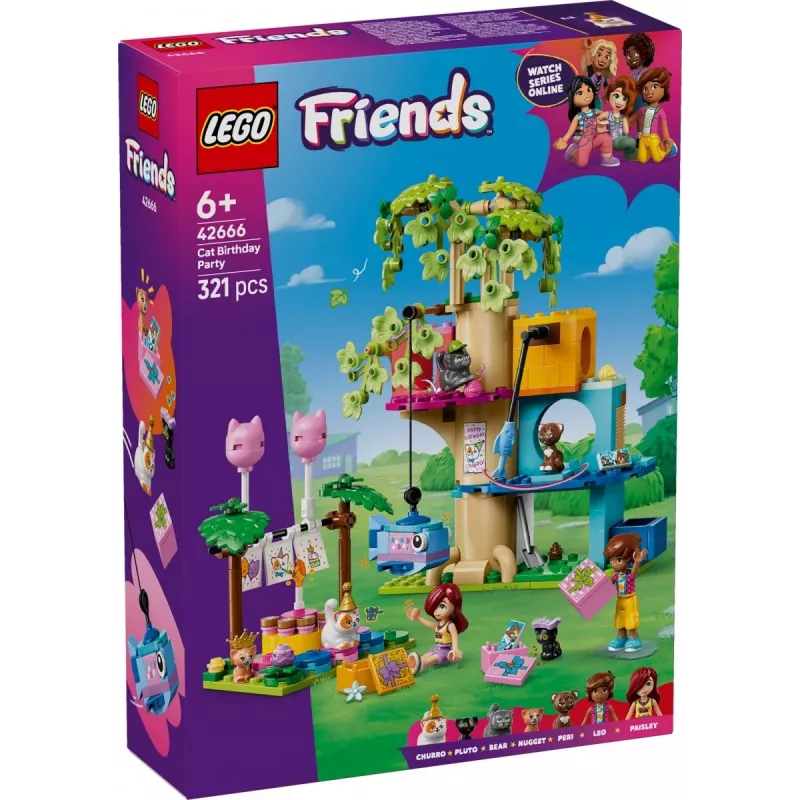 Brinquedo de construção LEGO Friends 42666 conjunto de brincar casa na árvore da festa de aniversário dos gatos, 321 peças, 6+ anos, 180×160×100 mm
