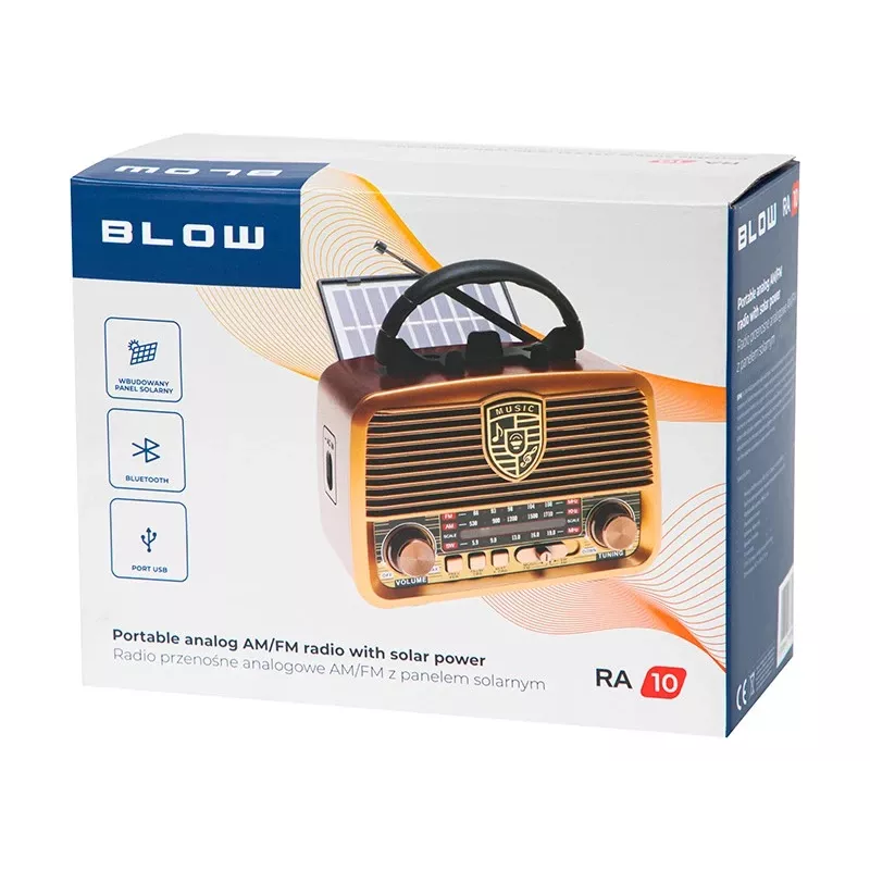 Rádio analógico BLOW RA10 AM/FM Solar 77-540 — recetor AM/FM com painel solar e bateria de reserva