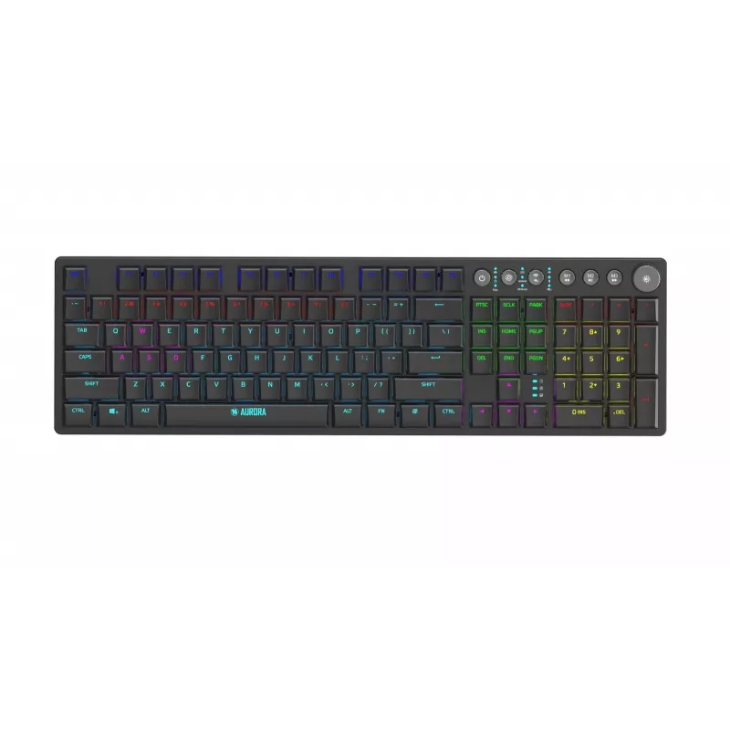 iBOX Aurora K-6 IKGMK6 teclado gaming mecânico de perfil baixo, com fio + RF sem fios + Bluetooth, switches KRGD Red, retroiluminação LED, QWERTY inglês, preto