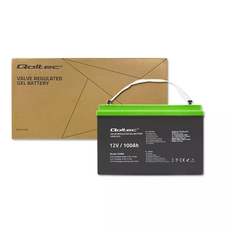 Bateria de gel QOLTEC 53080 12V 100Ah — bateria recarregável selada para alimentação de emergência
