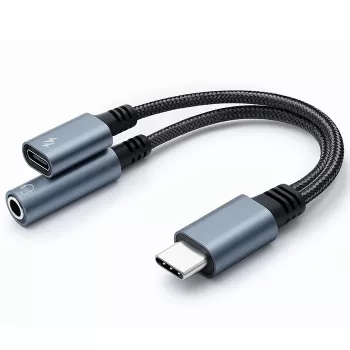 Adaptador 2 em 1 USB-C para USB-C e jack de 3,5 mm PD 15W