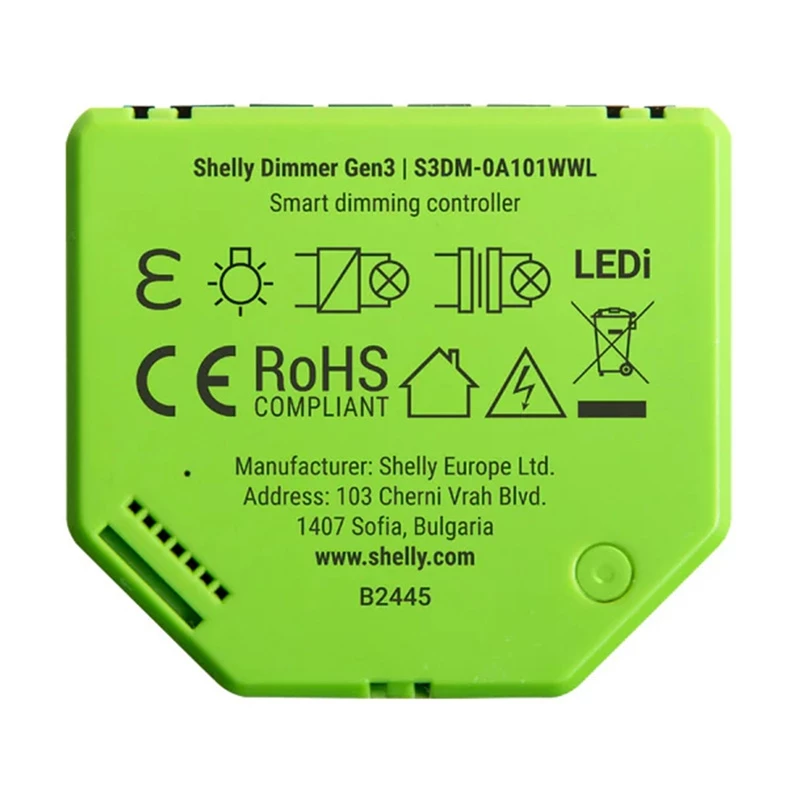 Dimmer de encastrar Shelly Dimmer Gen3 — LED máx. 150W, halogéneo máx. 200W, 220–240V, sem fios, preto/lime