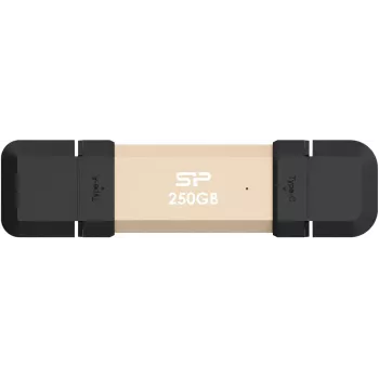 Pen drive Silicon Power DS72 250 GB, USB 3.2 Gen 2 Type-A / Type-C, alumínio/tampa de borracha, dourado