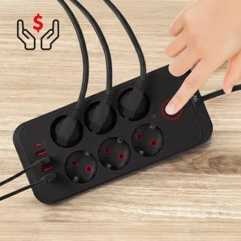 Extensão elétrica MACLEAN MCE389 B — 6 tomadas, 4×USB-A + 1×USB-C, 110–240V, 2,1A, 2500W, cabo de 1,5 m, preto