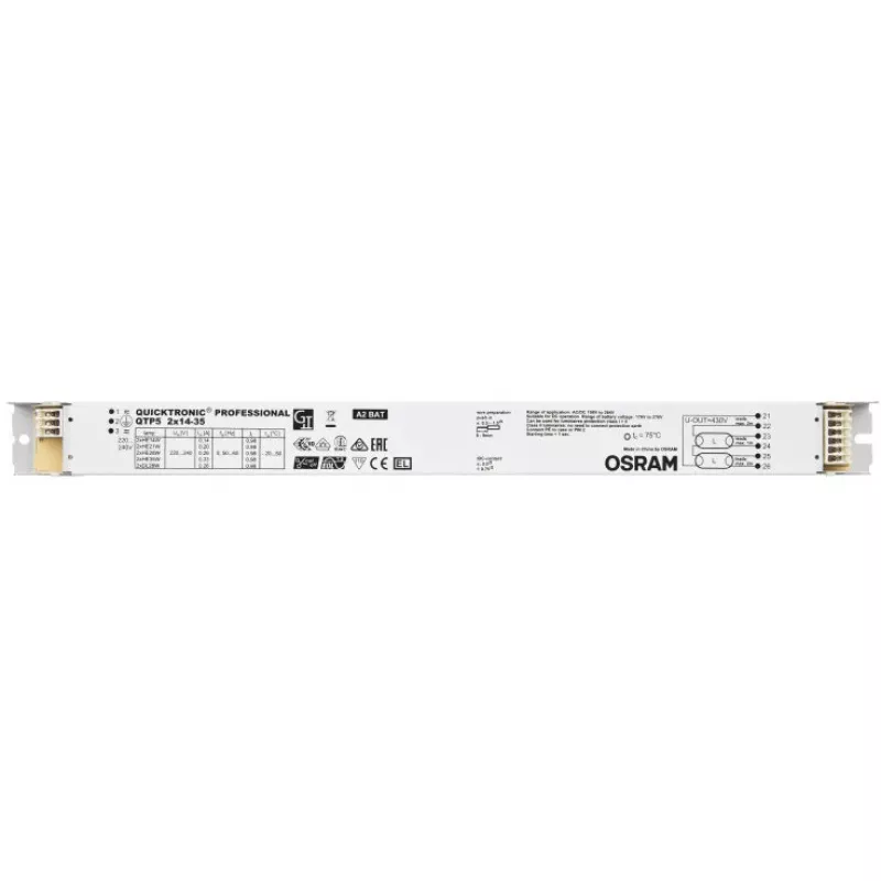 Balastro/Driver LED Osram QTP5 2X14…35, vida útil 100000 h, entrada 198–264 V, 50/60 Hz, 24 A, -20–50 °C, 30×360×21 mm