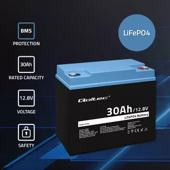 Bateria recarregável LiFePO4 QOLTEC 12,8V 30Ah 384Wh com BMS