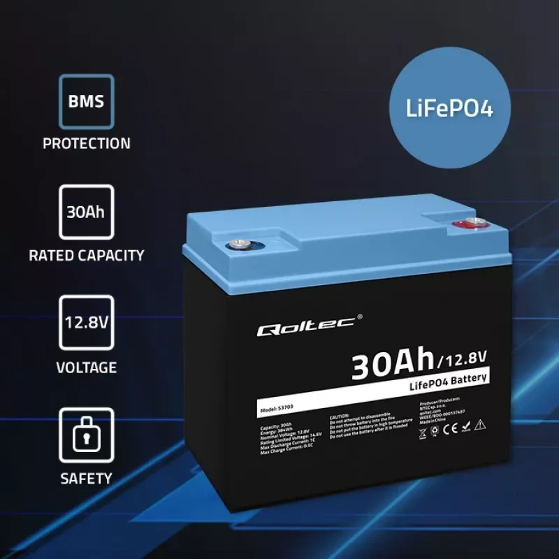 Bateria recarregável LiFePO4 QOLTEC 12,8V 30Ah 384Wh com BMS