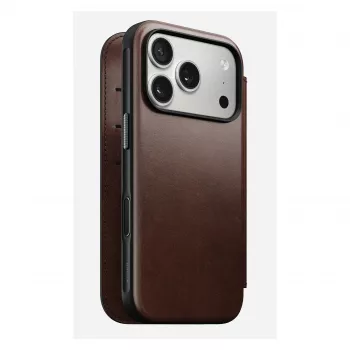 Capa para telemóvel Nomad Modern Leather Folio para iPhone 17 Pro, pele/alumínio, 16 cm (6,3 polegadas) castanha, 4 compartimentos para cartões