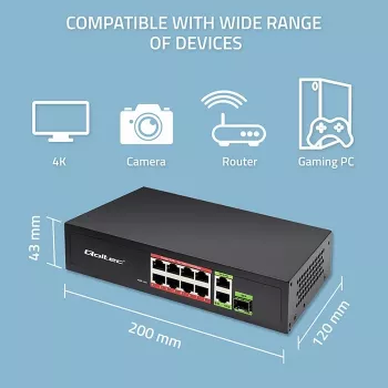 Switch Ethernet QOLTEC 52297 PoE RJ45 com uplink PoE e porta SFP