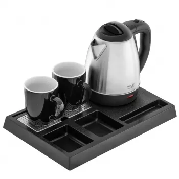 Adler AD 1354 chaleira de hotel em aço inoxidável 1,2 L + tabuleiro com chávenas preto, aço